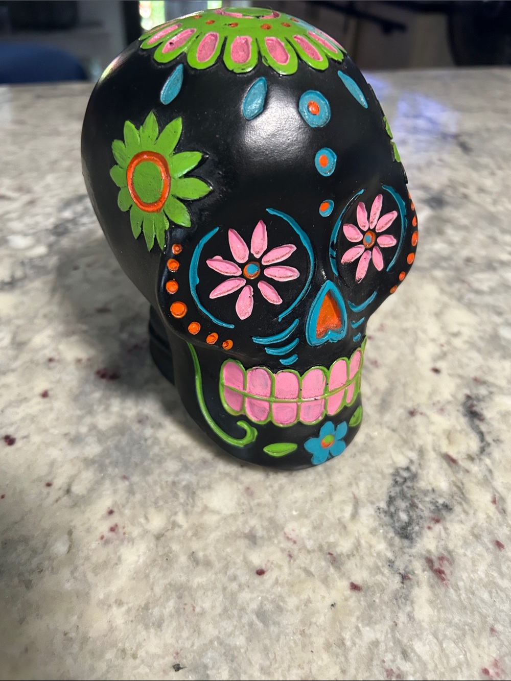 Hand-Painted Black Day of the Dead Sugar Skull Figurine - Pink & Green Accents